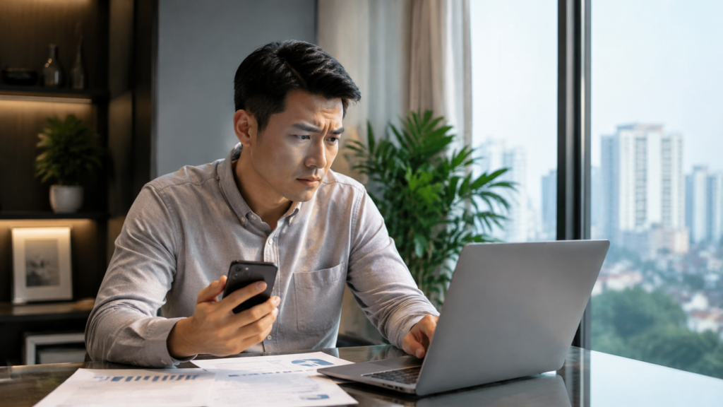 Cảnh người Việt kiểm tra thông tin xóa nợ xấu CIC trên thiết bị cá nhân