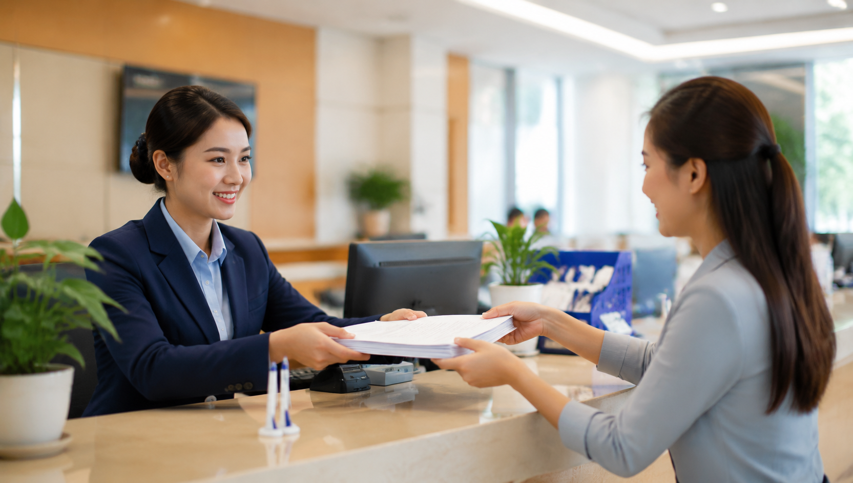 Quy trình đáo hạn ngân hàng - khách hàng nộp hồ sơ tại quầy giao dịch