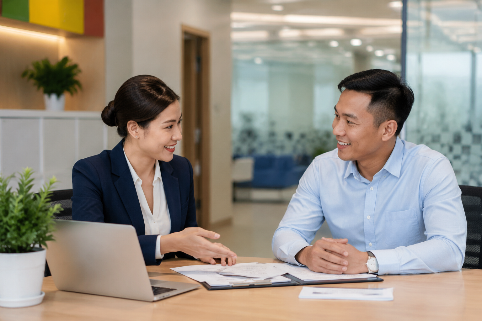 Tư vấn vay tín chấp TPHCM - nhân viên giải thích điều kiện cho khách hàng
